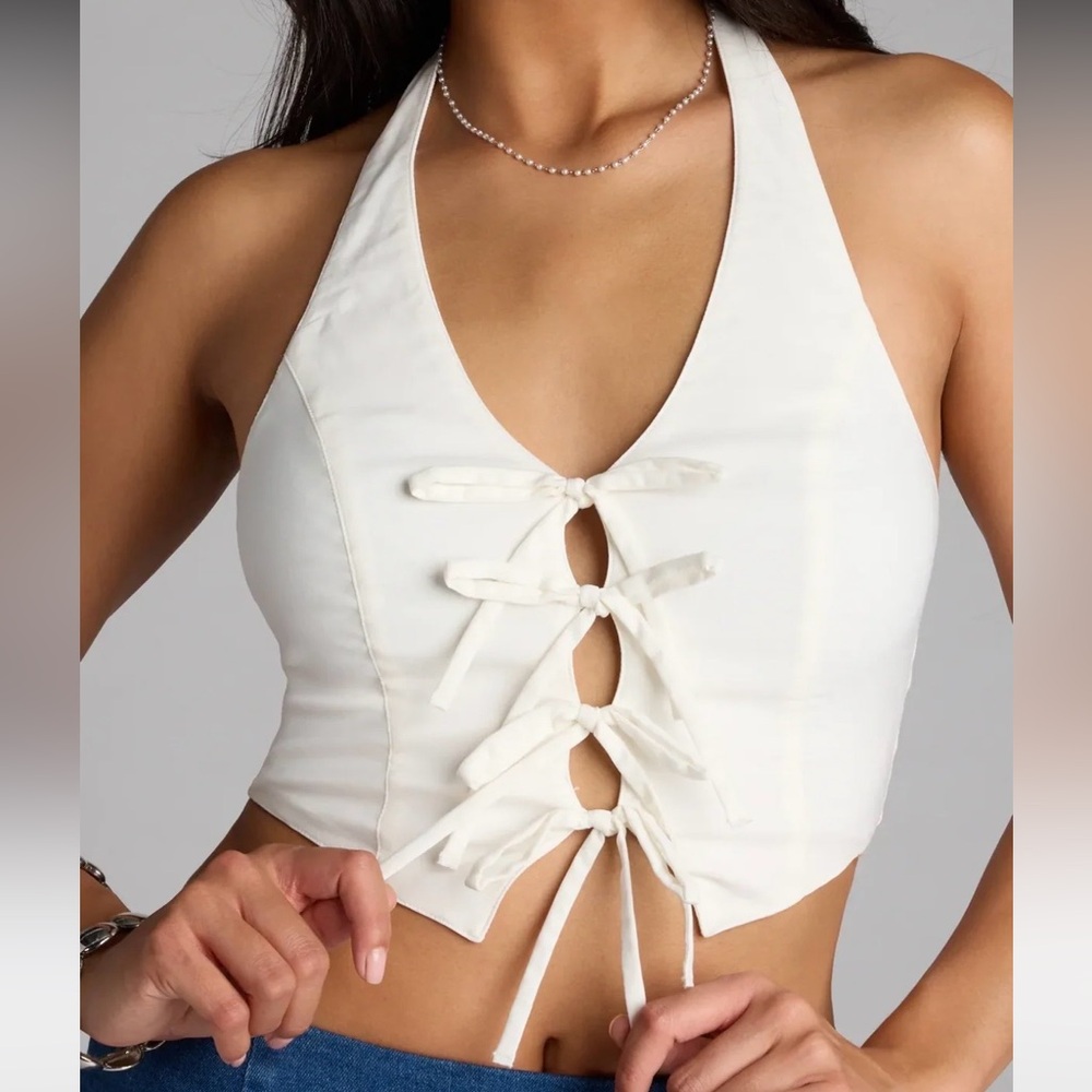 Windsor White Lace-Up Halter Crop Top
